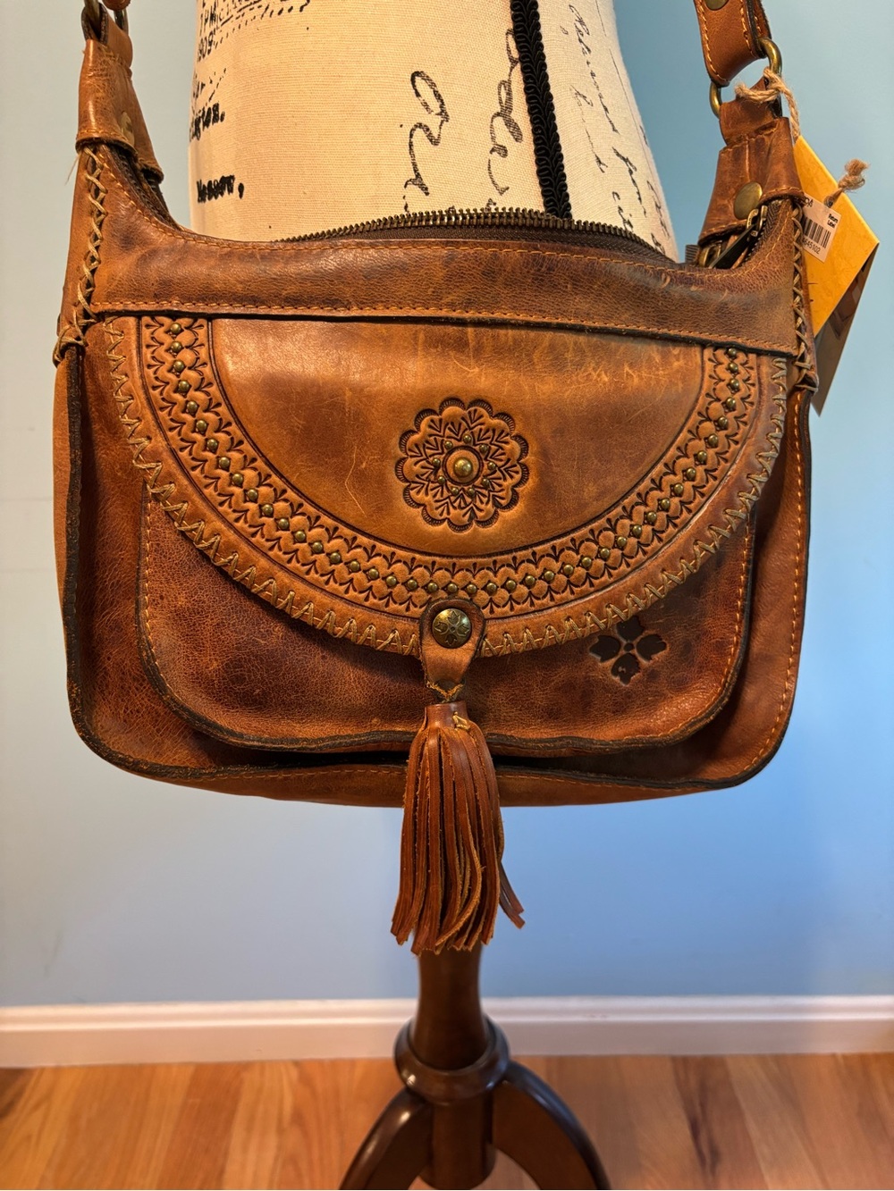 Patricia Nash Distressed Brown Leather Crossbody with Tassel - NWT